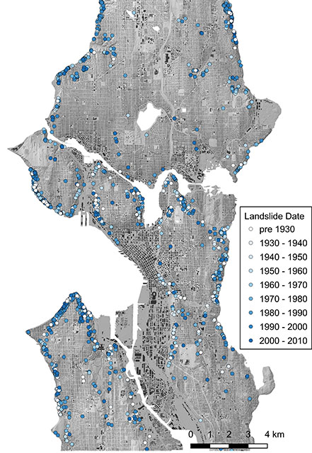 A map of Seattl's landslide inventory overlaid on a Lidar-derived elevation model